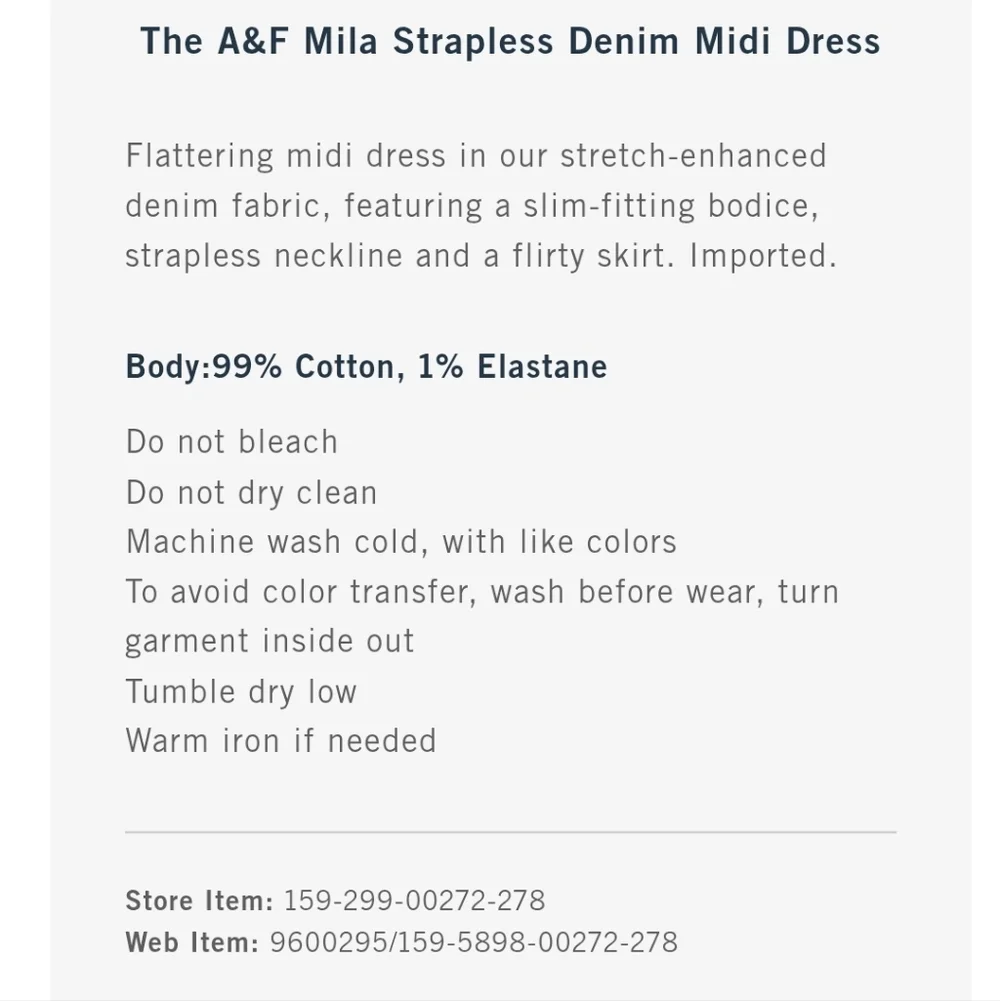 NWT Abercrombie & Fitch Mila Strapless Denim Midi Dress - Blue - size small - Picture 6 of 14